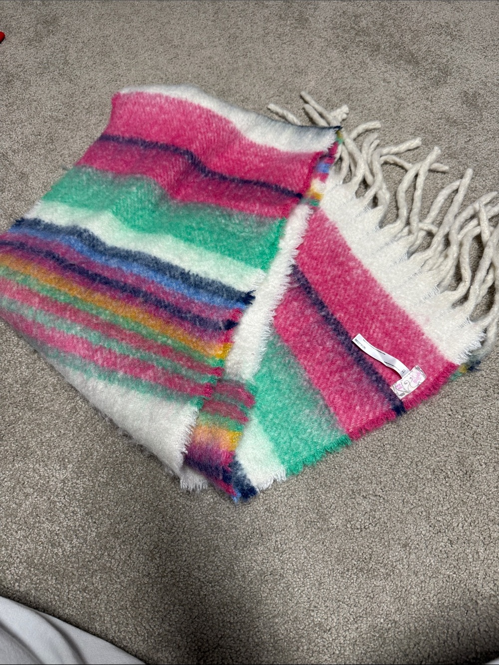 Free People Multicolor Striped Fuzzy Fringe Scarf - Pink, Green, Blue